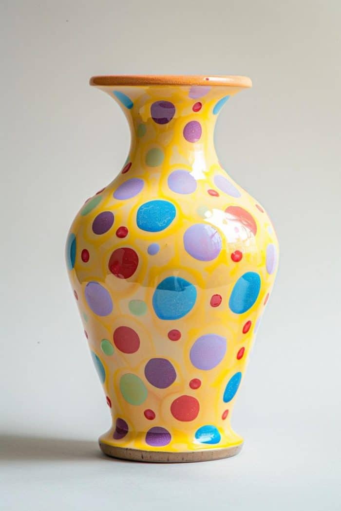 Bright, multicolored polka dots are scattered across the vase's surface, each dot painted with a round sponge for uniformity. 