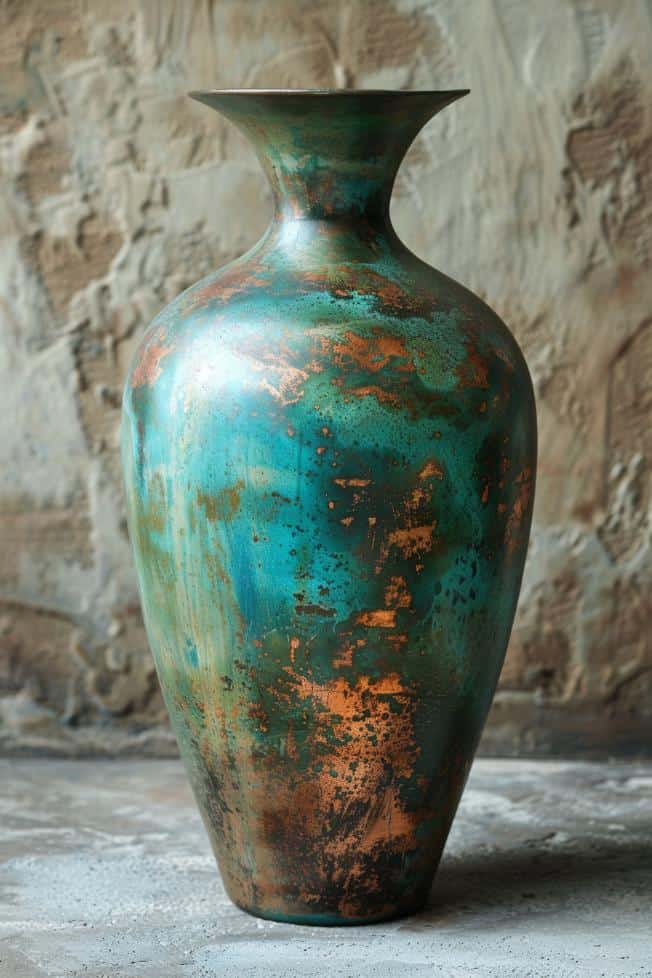 Creating the illusion of time-worn copper, this vase is layered with green and copper paint, then lightly sanded in areas to reveal the metallic undertone. 
