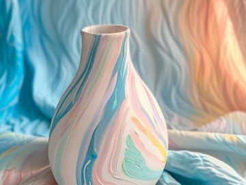 Soft pastel colors are painted in sweeping strokes around the vase. 