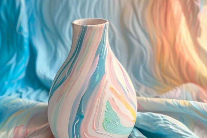 Soft pastel colors are painted in sweeping strokes around the vase. 