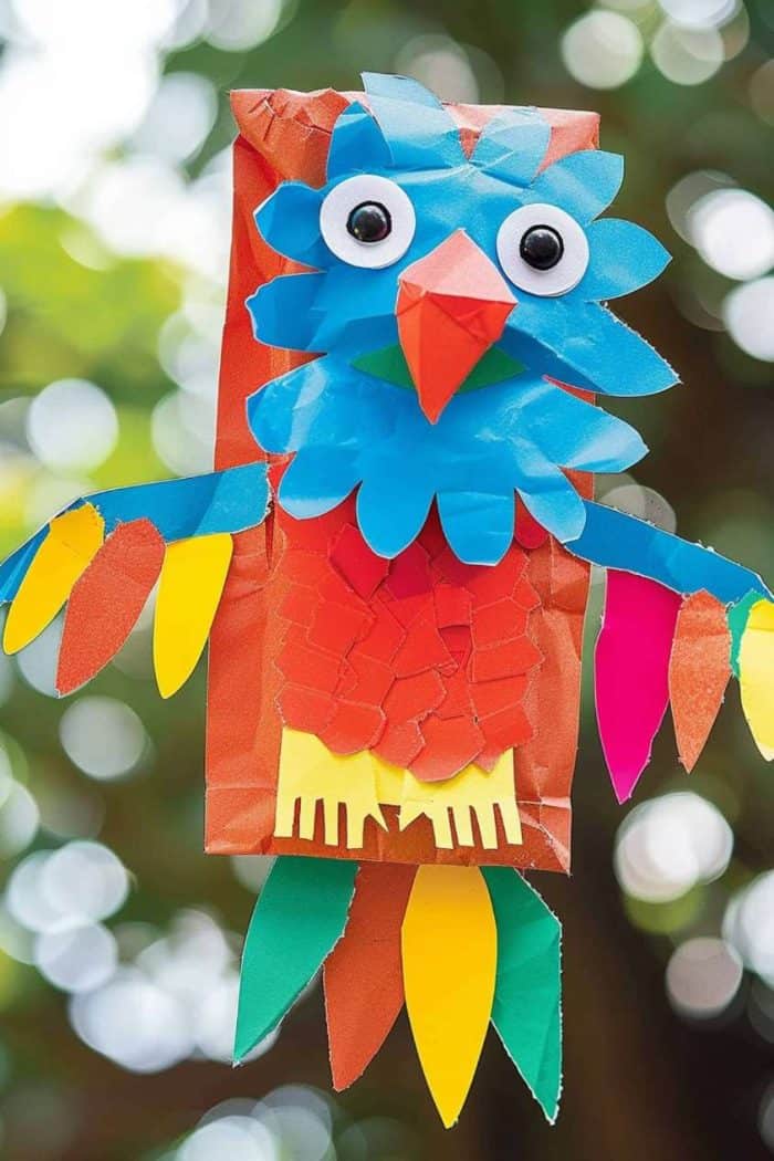 a parrot with feathers cut out from colored paper