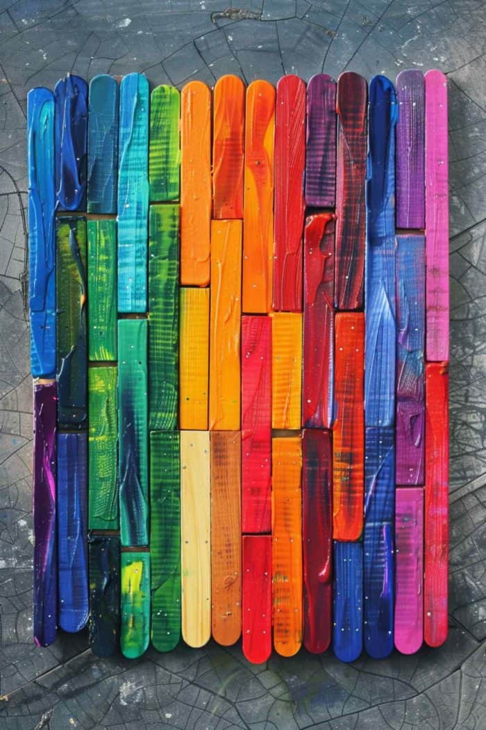 Create popsicle stick wall art by arranging sticks into a colorful mosaic. Paint each stick in different shades and patterns, then glue them onto a canvas or wooden board in a visually appealing design. 