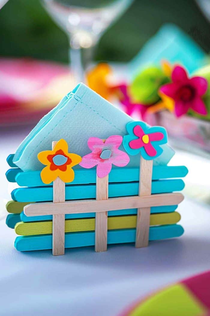 Make napkin holders using popsicle sticks. Glue the sticks together to form a rectangular or circular shape, then decorate with fun motifs like flowers, animals, or geometric patterns. Paint the holders in bright colors to match your table setting.