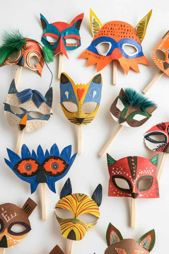 Create popsicle stick animal masks for imaginative play. Cut out mask shapes from cardstock and glue them onto popsicle sticks for handles. 