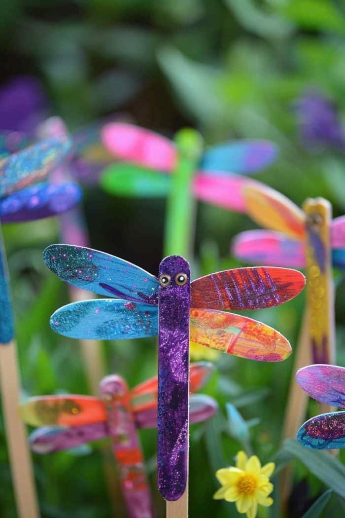 Create popsicle stick dragonflies to hover in gardens. Paint the sticks in bright colors and add wings made from translucent paper or plastic decorated with glitter or markers. 