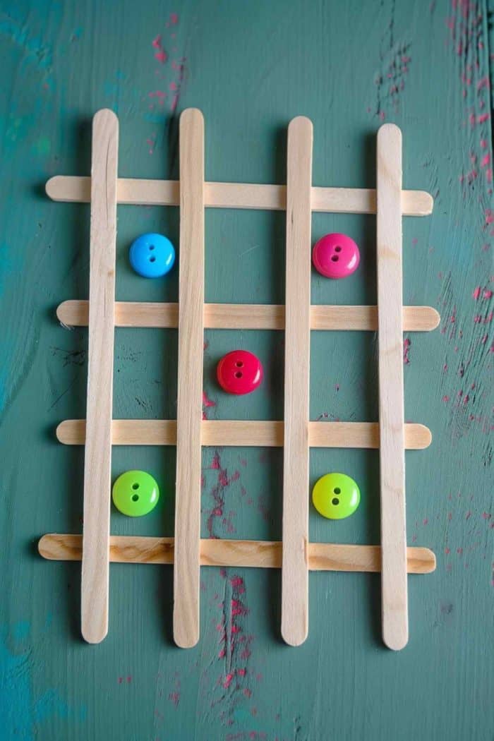 Create a tic-tac-toe game with popsicle sticks. Arrange and glue the sticks to form a grid on a piece of cardboard or a small board. Use small objects like buttons or painted stones as the Xs and Os. 