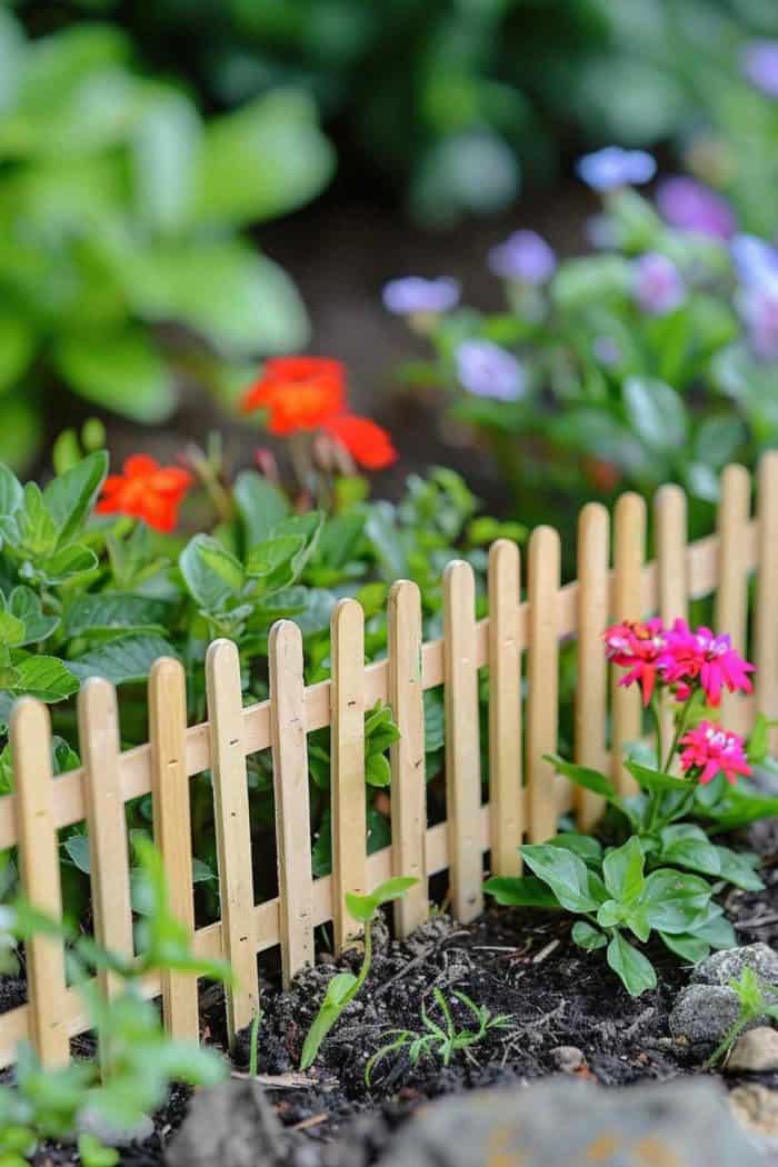 Construct a quaint garden fence using popsicle sticks. Glue the sticks vertically side by side to form the fence panels, then attach horizontal sticks across the top and bottom for support. 