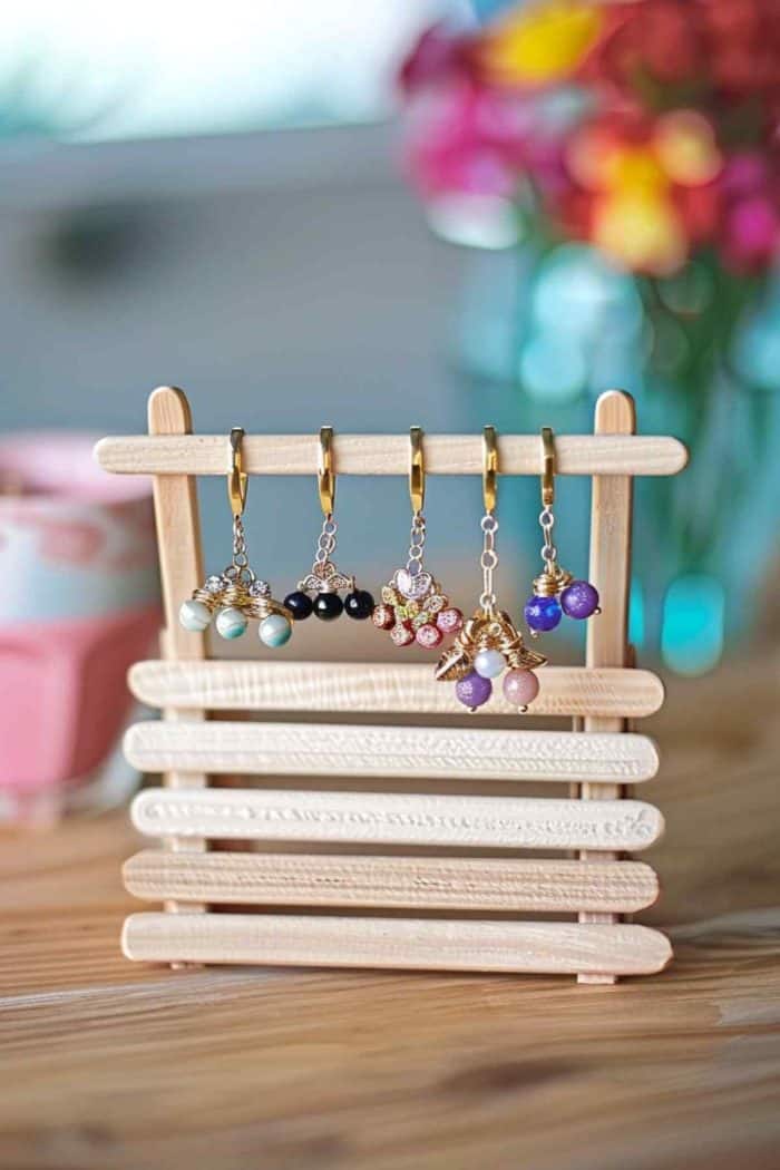 Craft a jewelry holder using popsicle sticks. Glue the sticks together to form a small tray or stand, then add hooks made from wire or small nails. Decorate with paint and wrap yarn around the edges for a colorful touch.