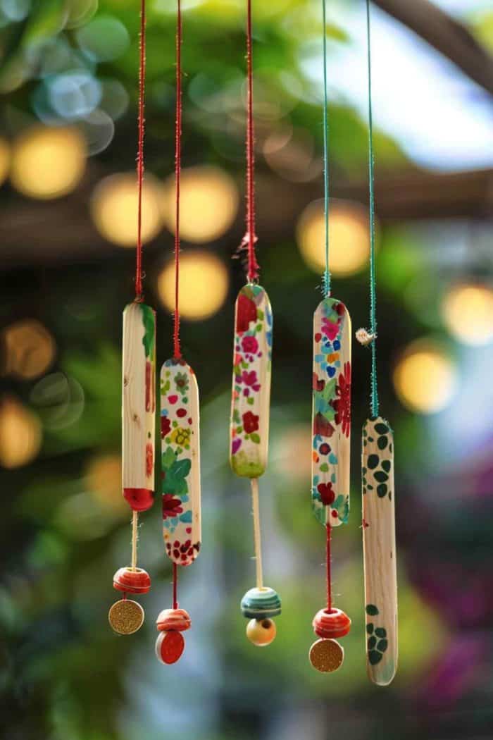Create a wind chime using popsicle sticks. Paint and decorate the sticks, then string them together with a fishing line or thread. 