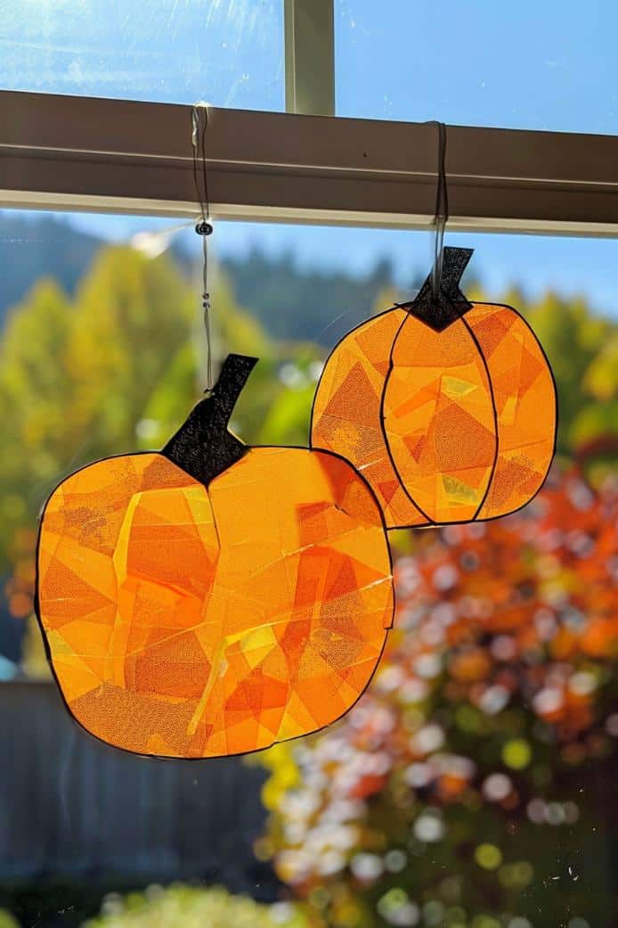 Create a vibrant window display with suncatchers shaped like pumpkins, using orange and yellow tissue paper cut to fit within a simple black frame outline.
