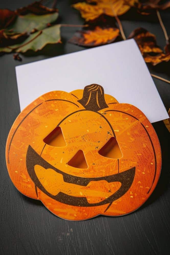 Using orange cardstock, design greeting cards cut in the shape of a pumpkin. The cards fold open to reveal a message inside.