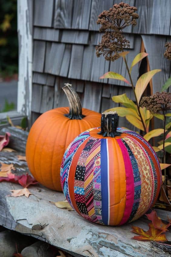 Embellish pumpkins with washi tape in various patterns and colors, wrapping the tape around the pumpkins in horizontal, vertical, or diagonal stripes.