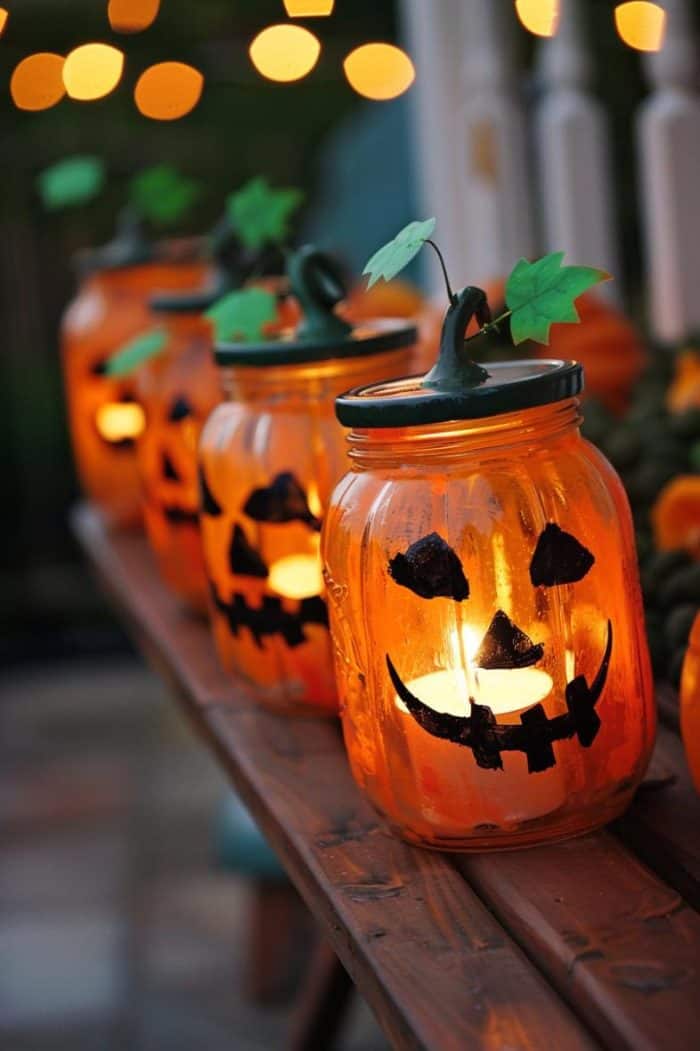 Place a tea light inside to illuminate the painted jars, which can be detailed with silhouettes of pumpkin faces for a glowing effect.