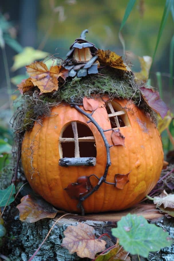 Craft a fairy house from a small pumpkin by carving or painting windows and doors and adorning it with natural materials like twigs for the roof and leaves for accents.