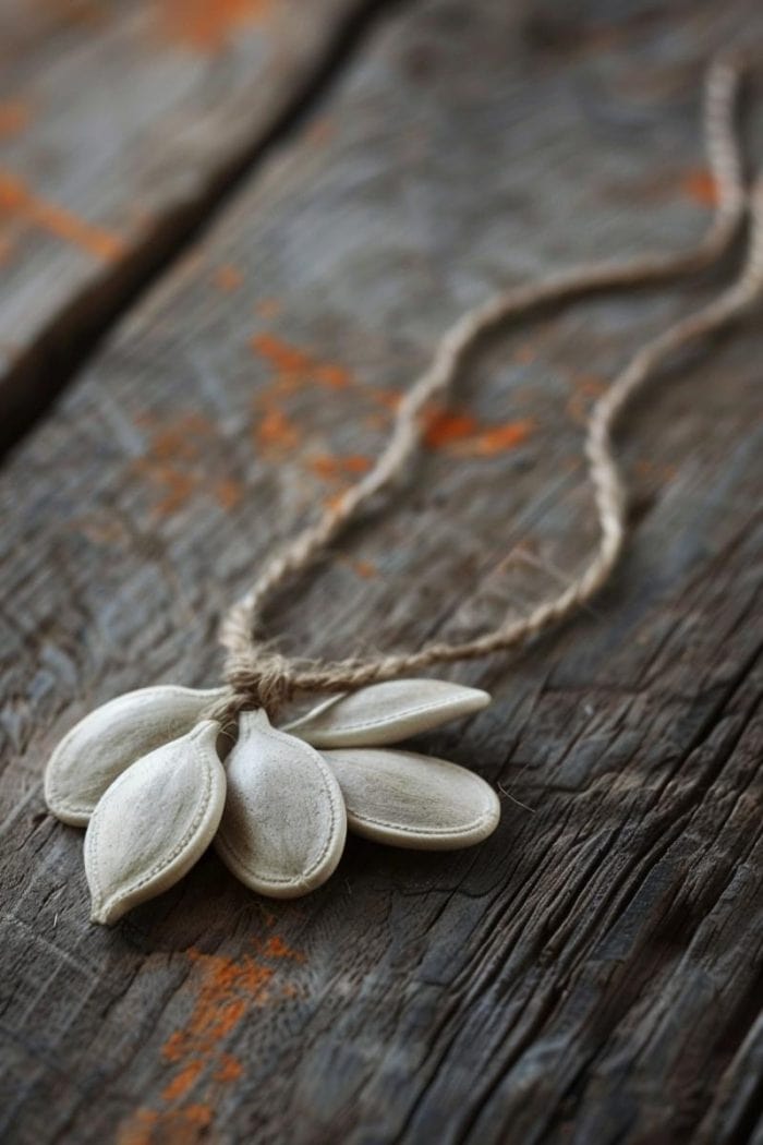 String cleaned and dried pumpkin seeds onto a piece of twine or yarn to create natural, earthy necklaces.