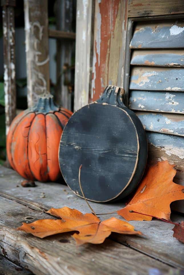 Craft signs from wood cut into pumpkin shapes and paint the surface with chalkboard paint.