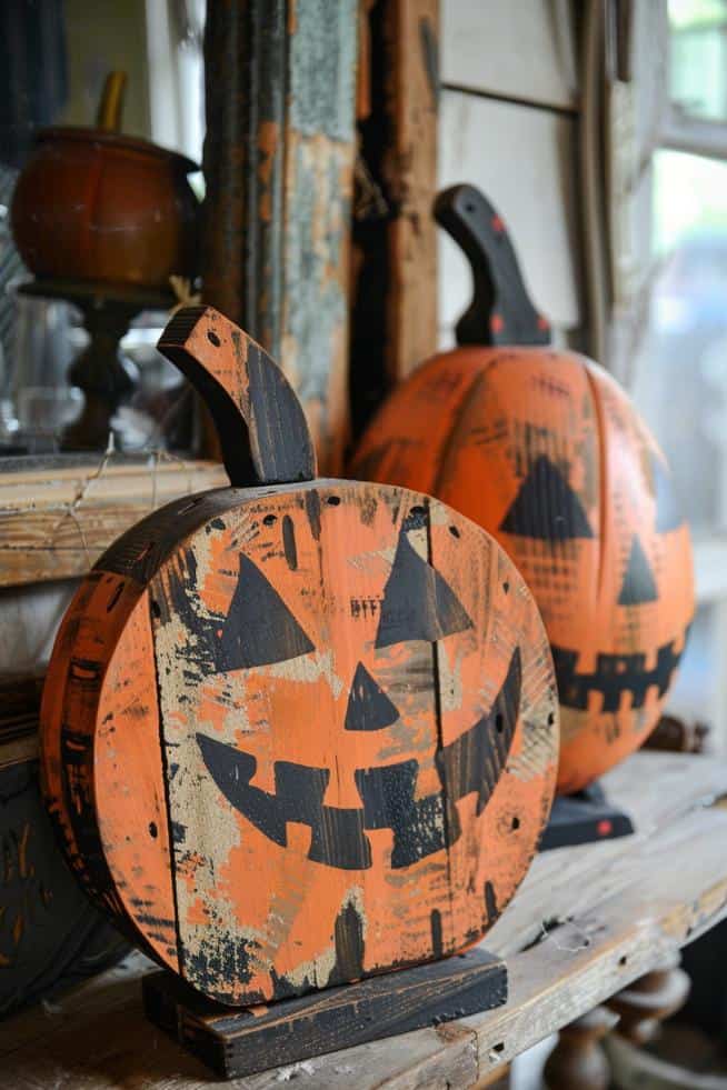 Craft pumpkins from scrap wood pieces, painting one side with a jack-o'-lantern face and the other with a simple, elegant autumn design.