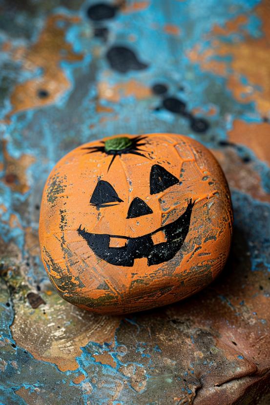 Paint the entire rock in shades of orange, add a green stem, and use black to give each painted pumpkin its own personality with a variety of faces or patterns.
