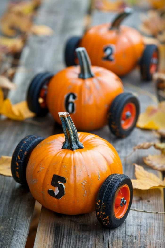 Construct race cars by attaching wheels to small, lightweight pumpkins, either by inserting axles or gluing on pre-made wheels.