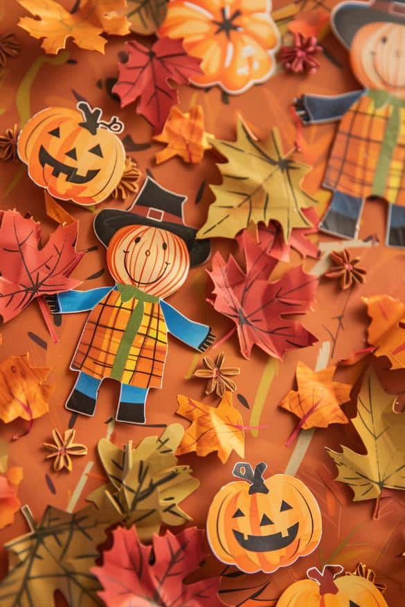 Provide sheets of stickers featuring pumpkins, scarecrows, and autumn foliage for kids to create their own pumpkin patch scenes on paper backgrounds.