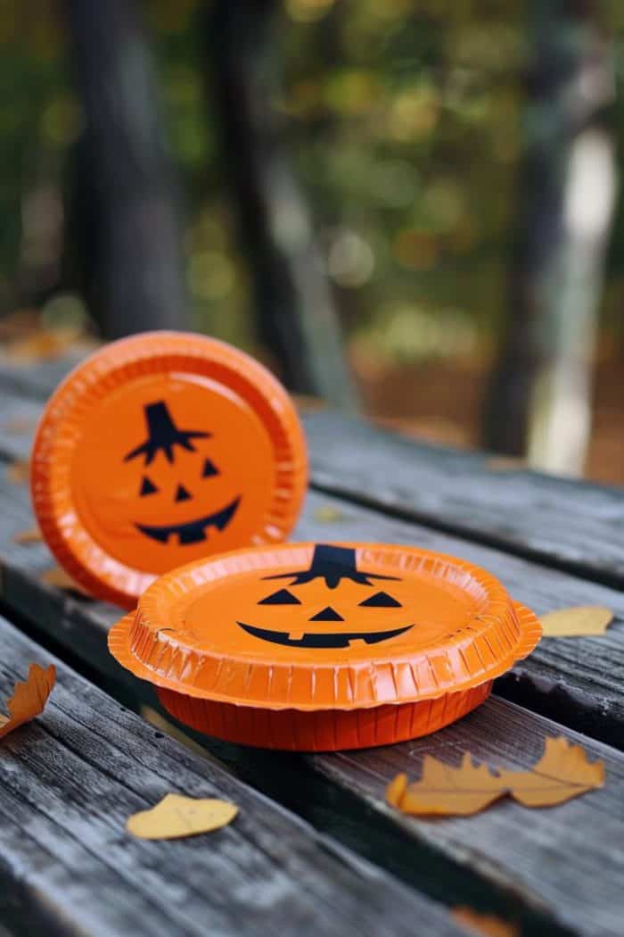 Make tambourines by painting paper plates orange, decorating them with pumpkin faces, and then stapling two plates together with beans or small bells inside.