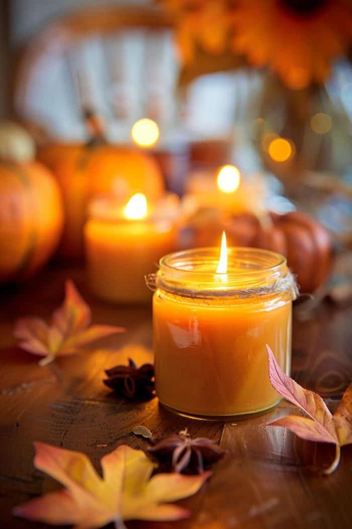 Craft candles by melting wax, mixing in pumpkin spice fragrance oils, and pouring the mixture into jars or molds.