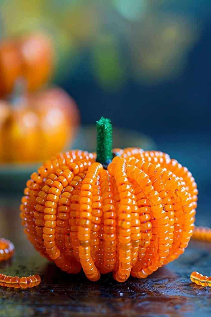 Create beaded pumpkins by twisting crafting wires into a circular shape, sliding orange beads on them, and adding a green pipe cleaner on top to mimic pumpkin stems.