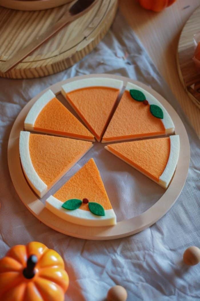 Construct a playset with layers of felt paper used to create pumpkin pie slices.