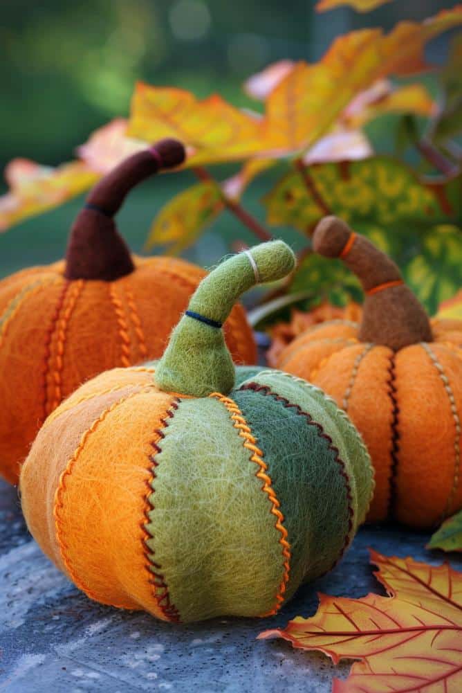 Assemble patchwork pumpkins using different colored felt pieces stitched together to form a plush pumpkin.