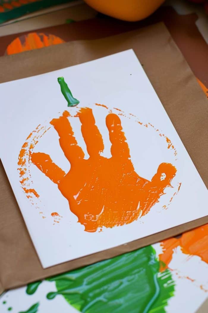 Craft keepsakes by painting a child's hand with orange paint and pressing it onto paper to create a pumpkin shape.