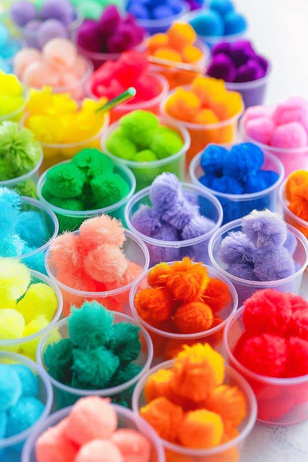 Create a playful sorting game using small, fluffy pom-poms in various rainbow shades, encouraging children to categorize them by color. 