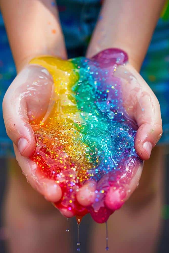 Mix up a batch of rainbow slime by combining clear glue with water, borax, and multiple colors of glitter or food coloring for a sparkly, tactile experience. 