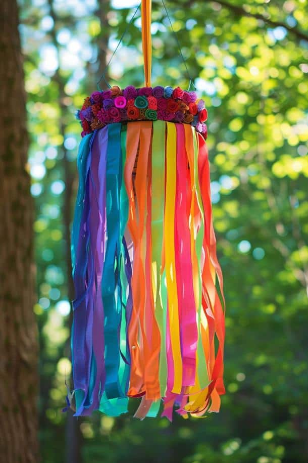 Craft vibrant windsocks by attaching long, flowing ribbons in a full spectrum of colors to the bottom of a decorated cylindrical base. 