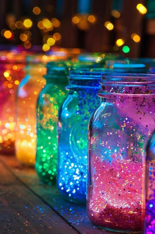 Fill jars with water, clear glue, and a variety of glitter and sequins in rainbow colors to create a captivating glitter jar. 