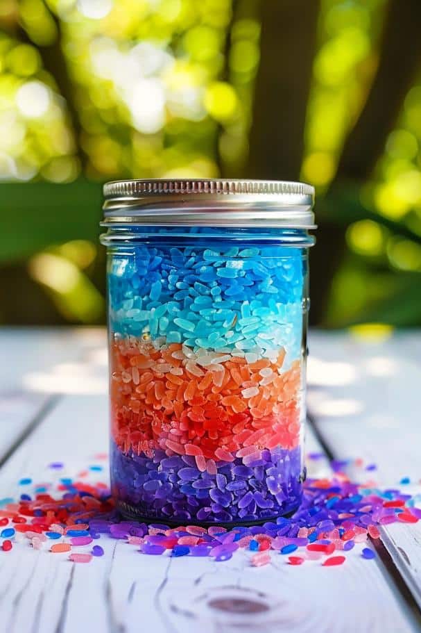 Transform ordinary rice into a vibrant craft material by coloring it with food dye, then meticulously layering the hues in clear jars to form a rainbow gradient. 
