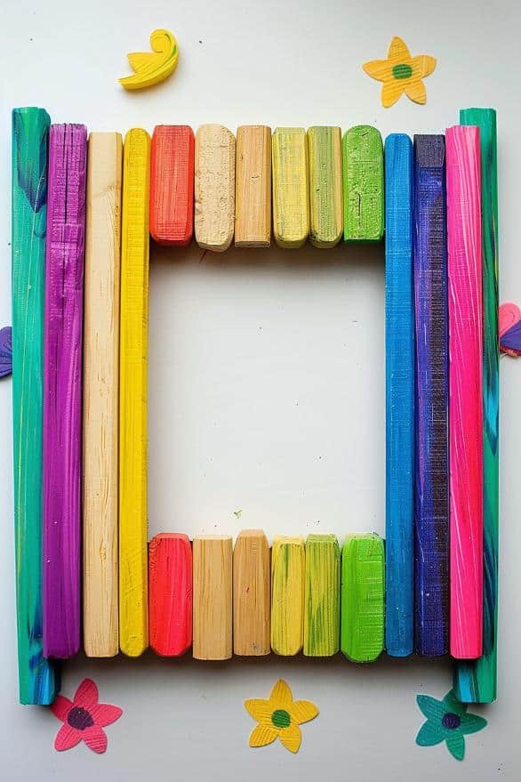 Color popsicle sticks with markers or paint in the colors of the rainbow and arrange them to create a rectangular frame. 
