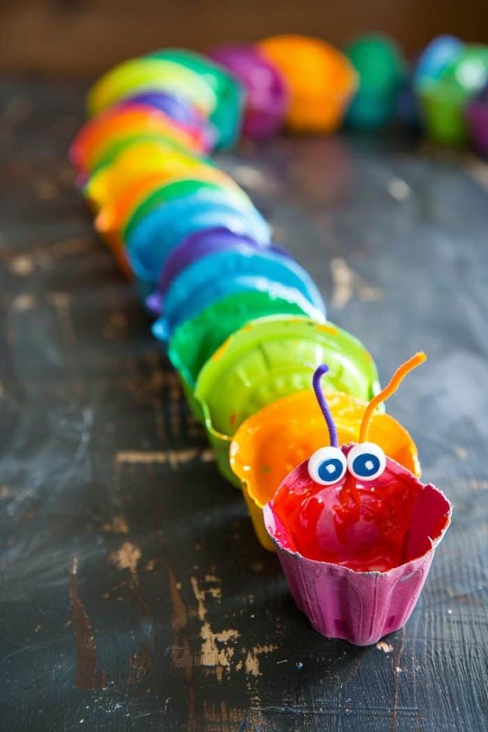 Cut cups from an egg carton and paint each one in a bright color to mimic the segments of a caterpillar's body. 