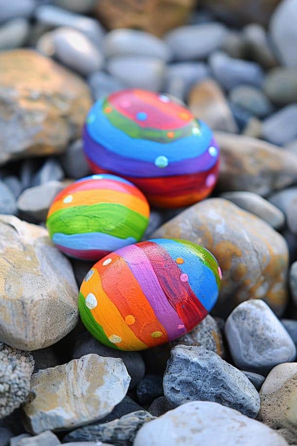 These rainbow rocks can be used as paperweights, garden decorations, or hidden treasures for others to find in a community rock hunt.