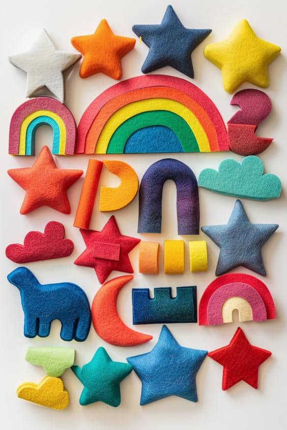 Cut out various shapes and letters from different colors of felt to create a collection of rainbow-colored pieces. 
