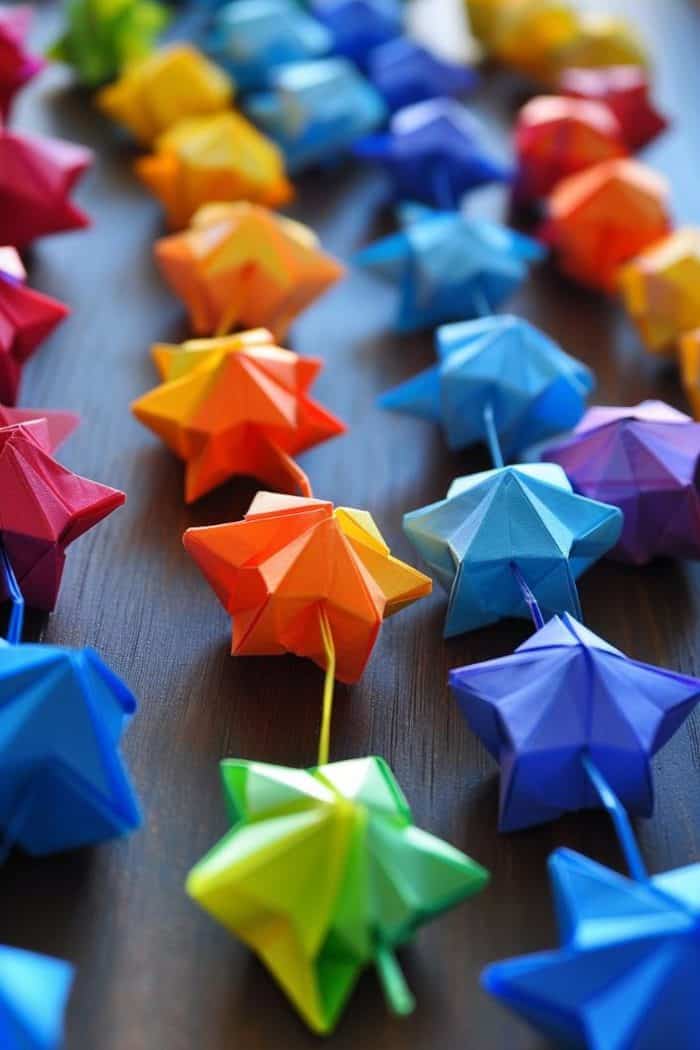 Fold small squares of brightly colored paper into origami stars, creating a rainbow assortment. 