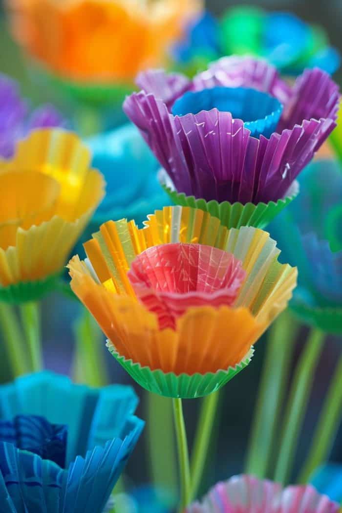 Flatten and fold cupcake liners into floral shapes, layering different colors to mimic the petals of a flower. 