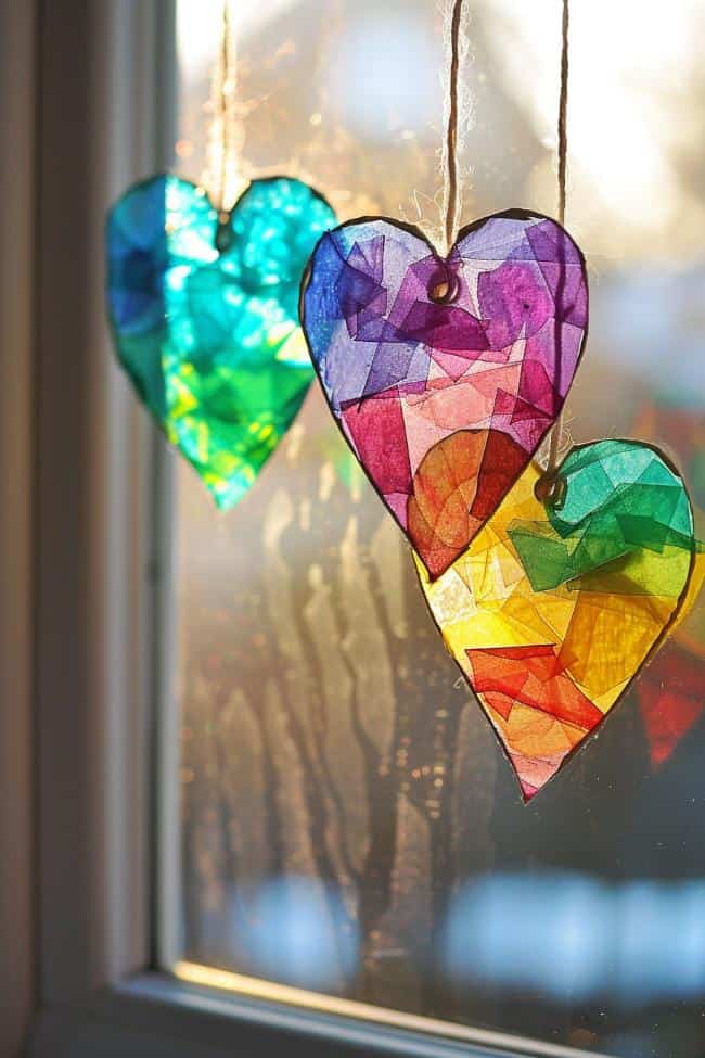 Craft a suncatcher by cutting shapes from cardstock and then overlaying them with pieces of dyed tissue paper. 