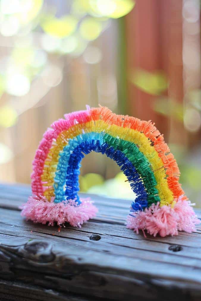Craft a colorful sculpture by twisting and shaping pipe cleaners to form the classic shape of a rainbow. 
