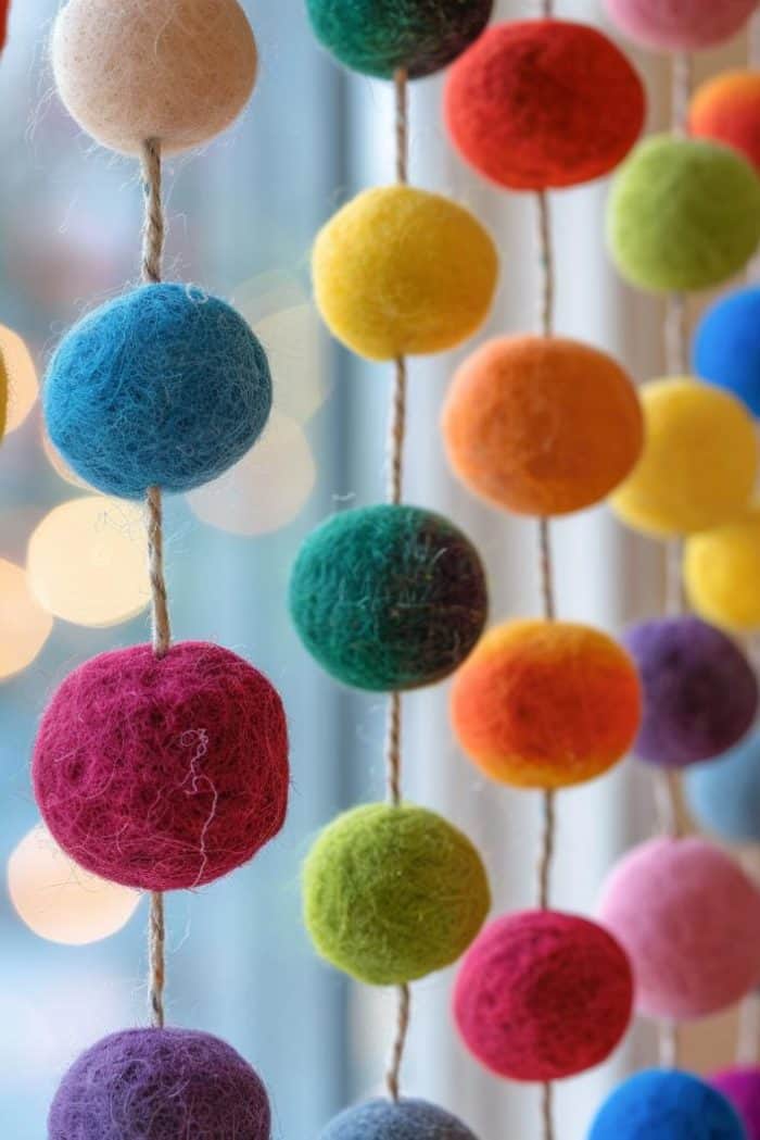 String wool felt balls, each dyed in a different color of the rainbow, onto a piece of twine or yarn to create a festive vertical garland. 