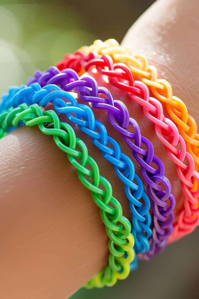 Weave small, colorful rubber bands on a loom to craft intricate bracelets that showcase the full spectrum of a rainbow. 