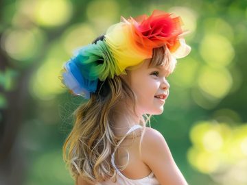 Sew or tie strips of tulle in different rainbow colors around an elastic waistband to create a fluffy, multi-layered skirt. 