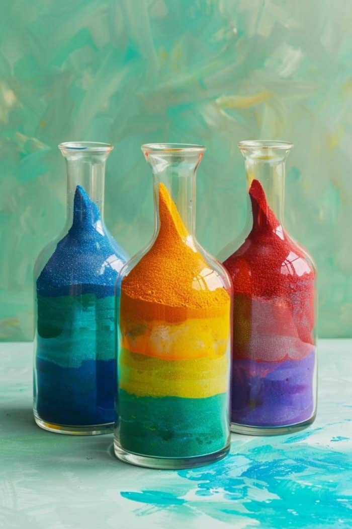 Alternate layers of colored sand in transparent bottles or vases, using a funnel to achieve precise, even bands of color. 