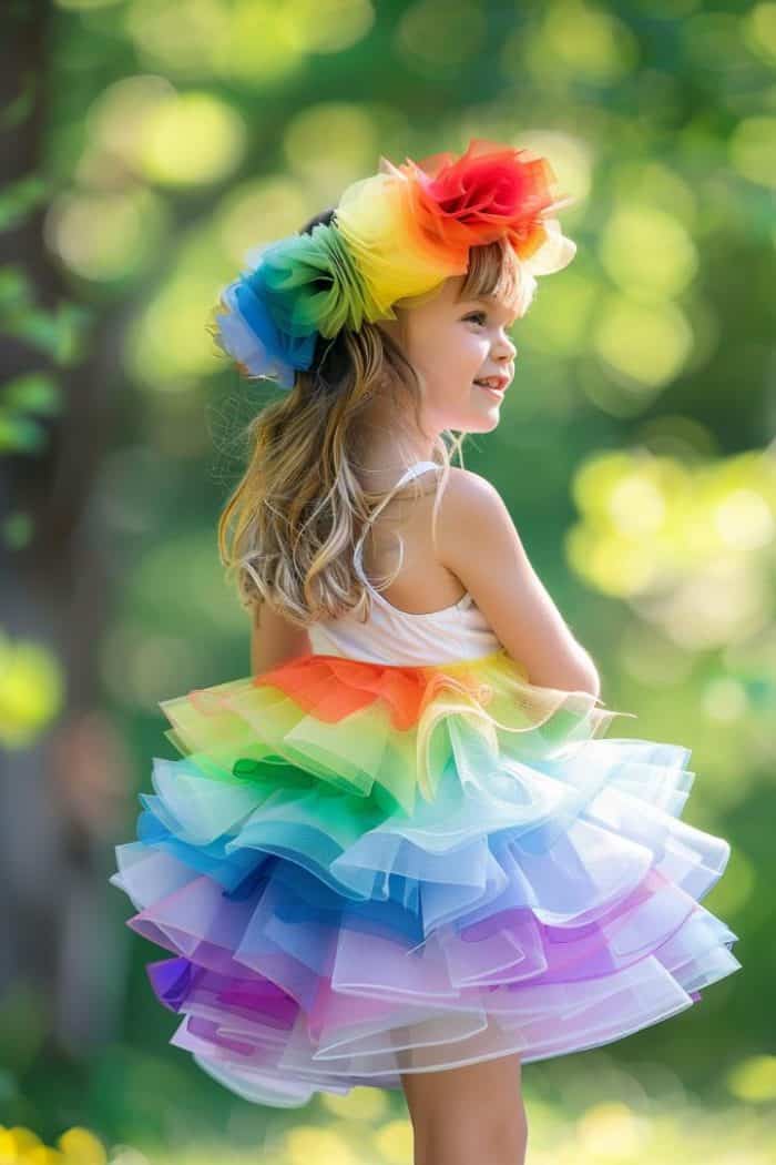 Sew or tie strips of tulle in different rainbow colors around an elastic waistband to create a fluffy, multi-layered skirt. 
