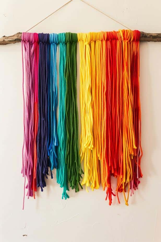 Select a sturdy branch or dowel and wrap it with lengths of yarn in each color of the rainbow, creating a richly textured wall hanging. 