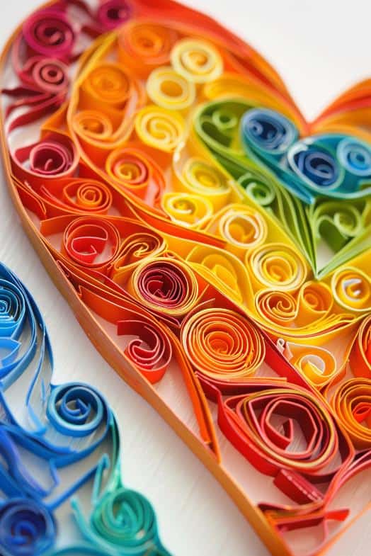 Twist thin strips of brightly colored paper into tight coils and shape them into a rainbow-colored heart, using quilling techniques to create a vibrant, textured piece of art. 